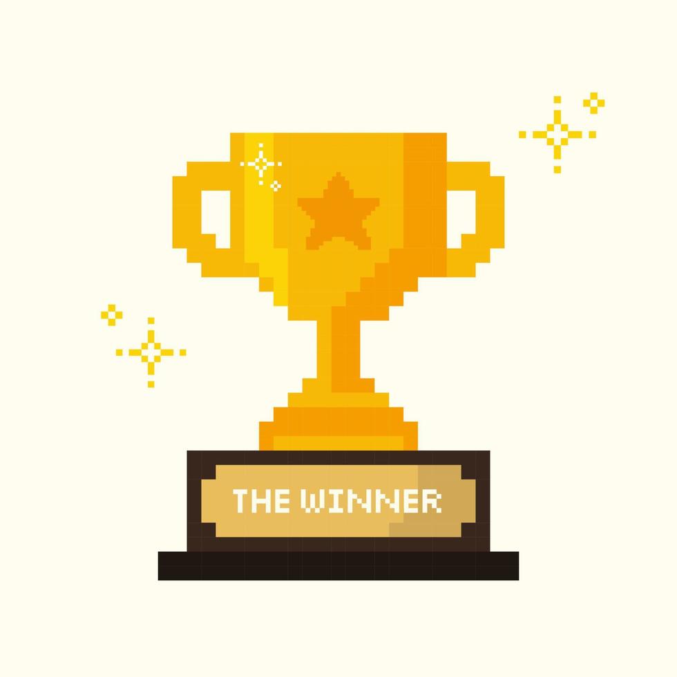 pixel d'oro trofeo, il vincitore trofeo tazza pixel arte con scintillare stella vettore