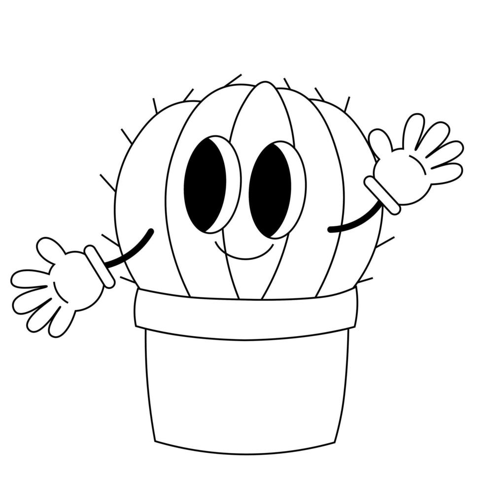 cactus nel pentola. illustrazione personaggio nel Groovy cartone animato stile. nero e bianca vettore