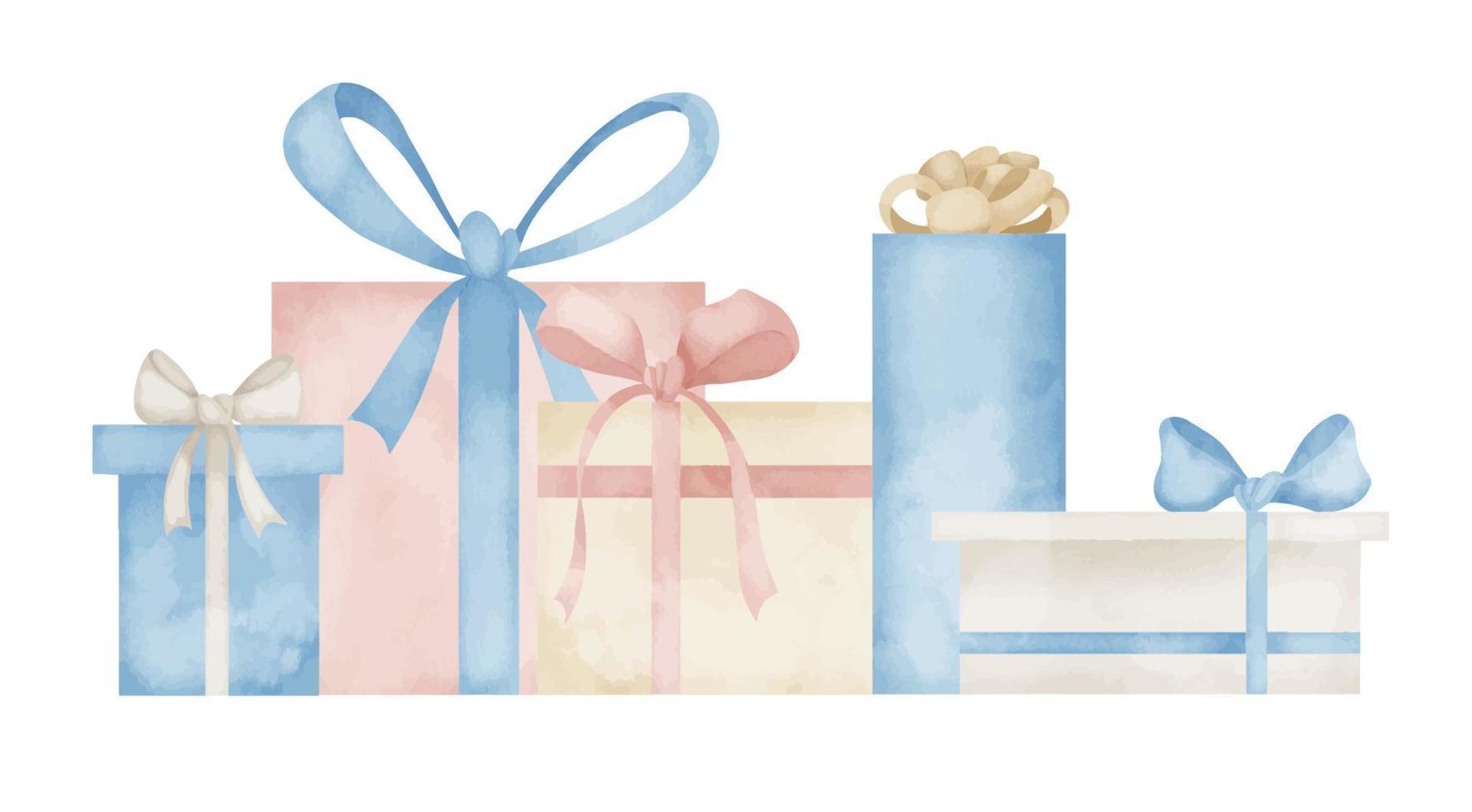 regalo scatole con nastri nel pastello blu e rosa colori. mano disegnato acquerello illustrazione con regali su isolato sfondo. composizione per contento compleanno saluto carte o inviti vettore