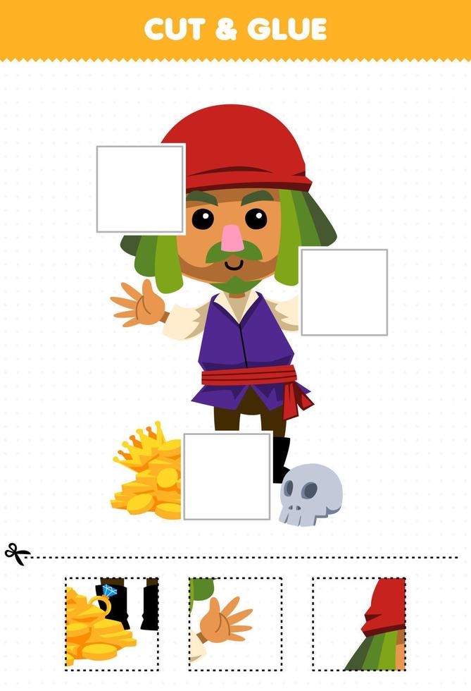 formazione scolastica gioco per bambini tagliare e colla tagliare parti di carino cartone animato uomo personaggio e colla loro stampabile pirata foglio di lavoro vettore