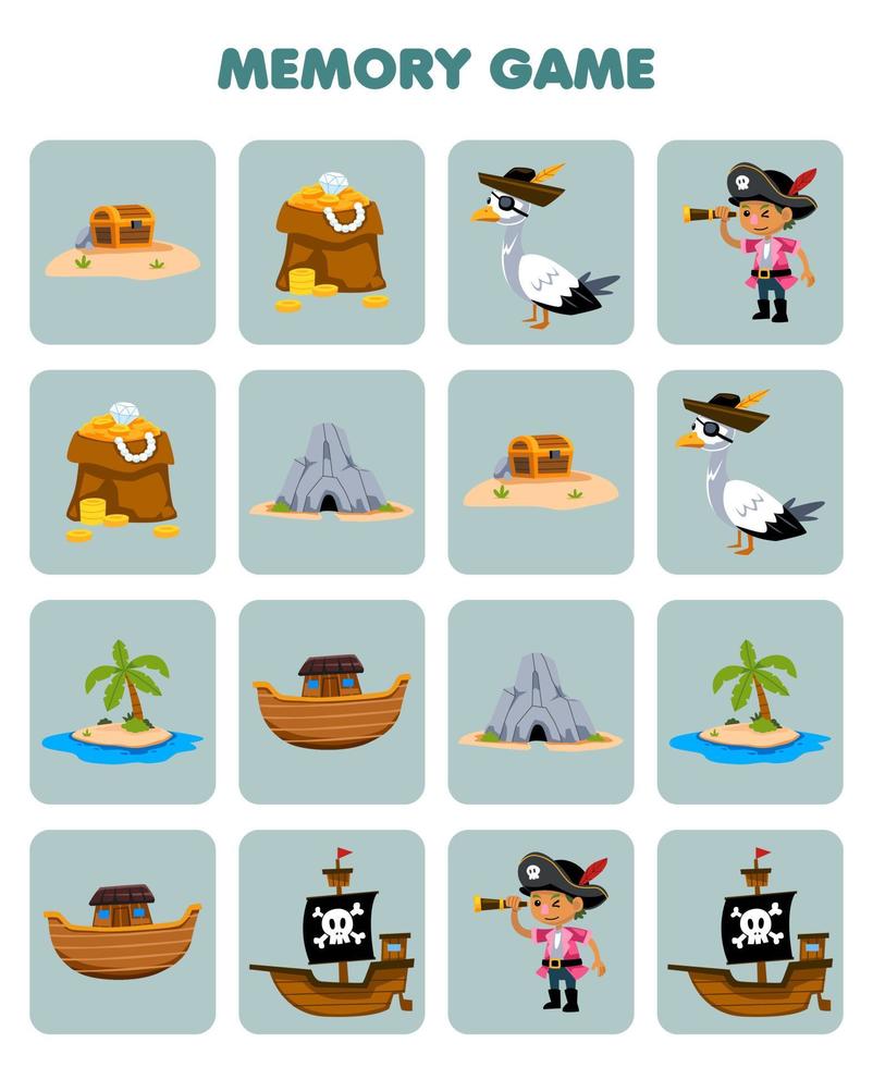 formazione scolastica gioco per bambini memoria per trova simile immagini di carino cartone animato grotta isola nave Tesoro il petto stampabile pirata foglio di lavoro vettore