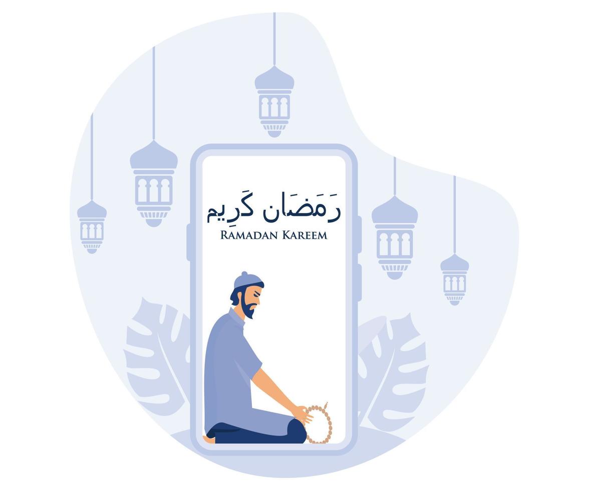 Ramadan kareem saluto cartolina, musulmano preghiera su mobile Telefono sfondo, piatto vettore moderno illustrazione