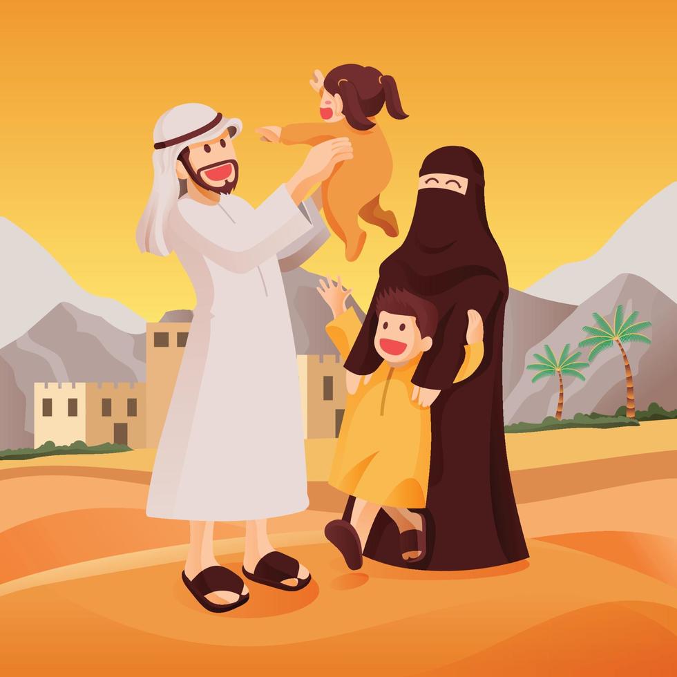 contento musulmano arabo famiglia insieme nel celebrazione, padre sollevamento il suo figlia con madre e sua figlio godere loro stessi nel il deserto vettore