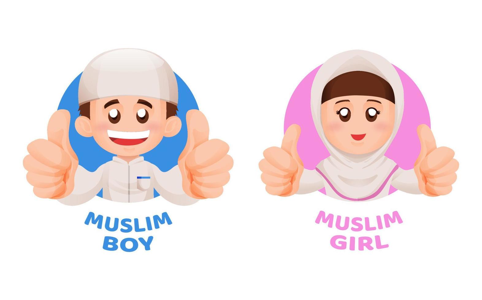 musulmano bambini ragazzo e ragazza nel islamico Abiti pollici su e Sorridi portafortuna illustrazione concetto vettore