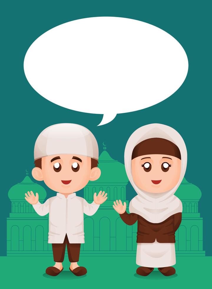 impostato di semplice carino musulmano o musulmano bambini ragazzo e ragazza Sorridi e agitando mano con discorso bolla illustrazione concetto vettore