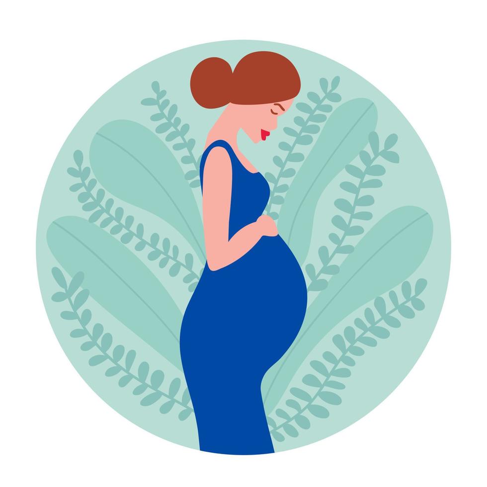 vettore incinta donna. donna detiene sua gonfiarsi. vettore azione illustrazione. gravidanza piatto logo. diverso le foglie sfondo.