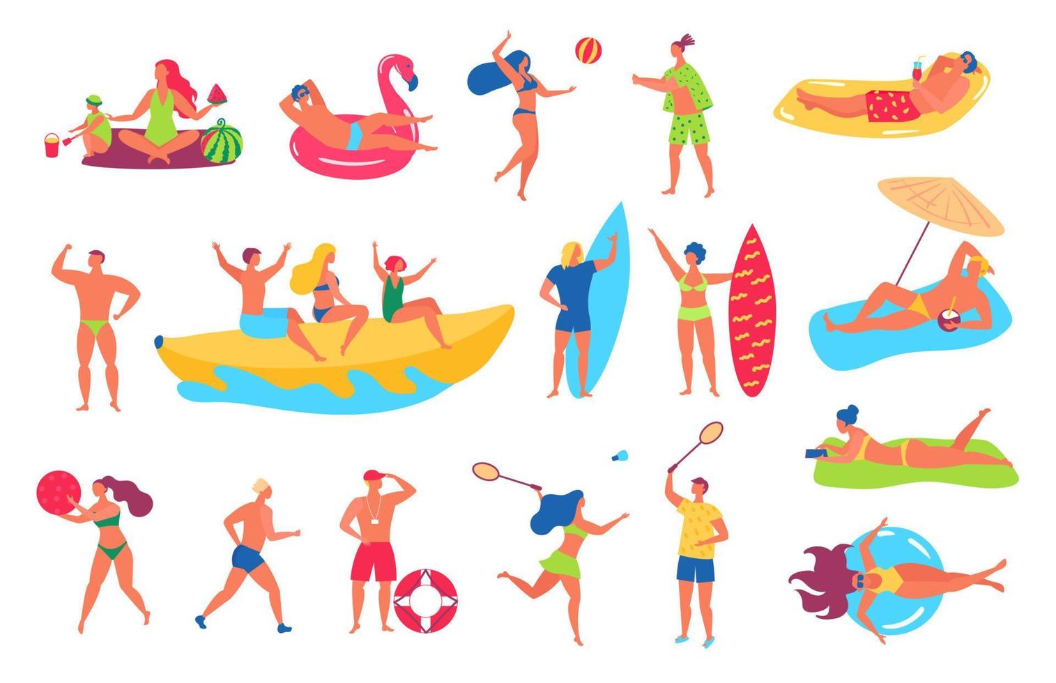 persone su spiaggia. uomo e donna nel costumi da bagno prendere il sole, rilassante su spiaggia asciugamano. amici giocando sport Giochi. estate vacanza vacanza vettore impostato
