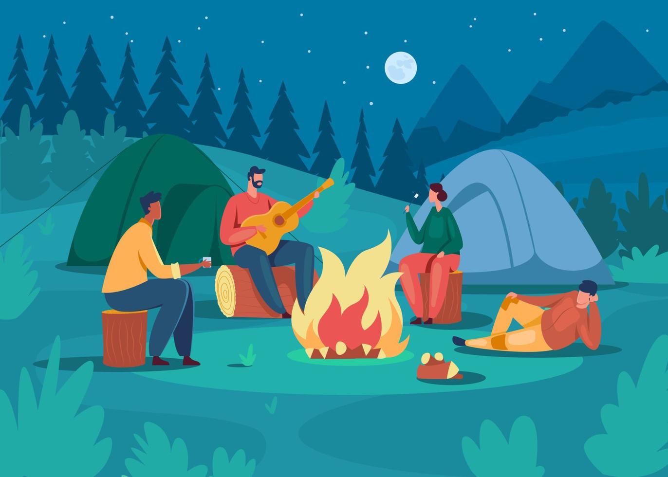 persone campeggio a notte. amici seduta vicino fuoco da campo, giocando chitarra, torrefazione marshmallow. turismo vacanza vacanza avventura vettore illustrazione