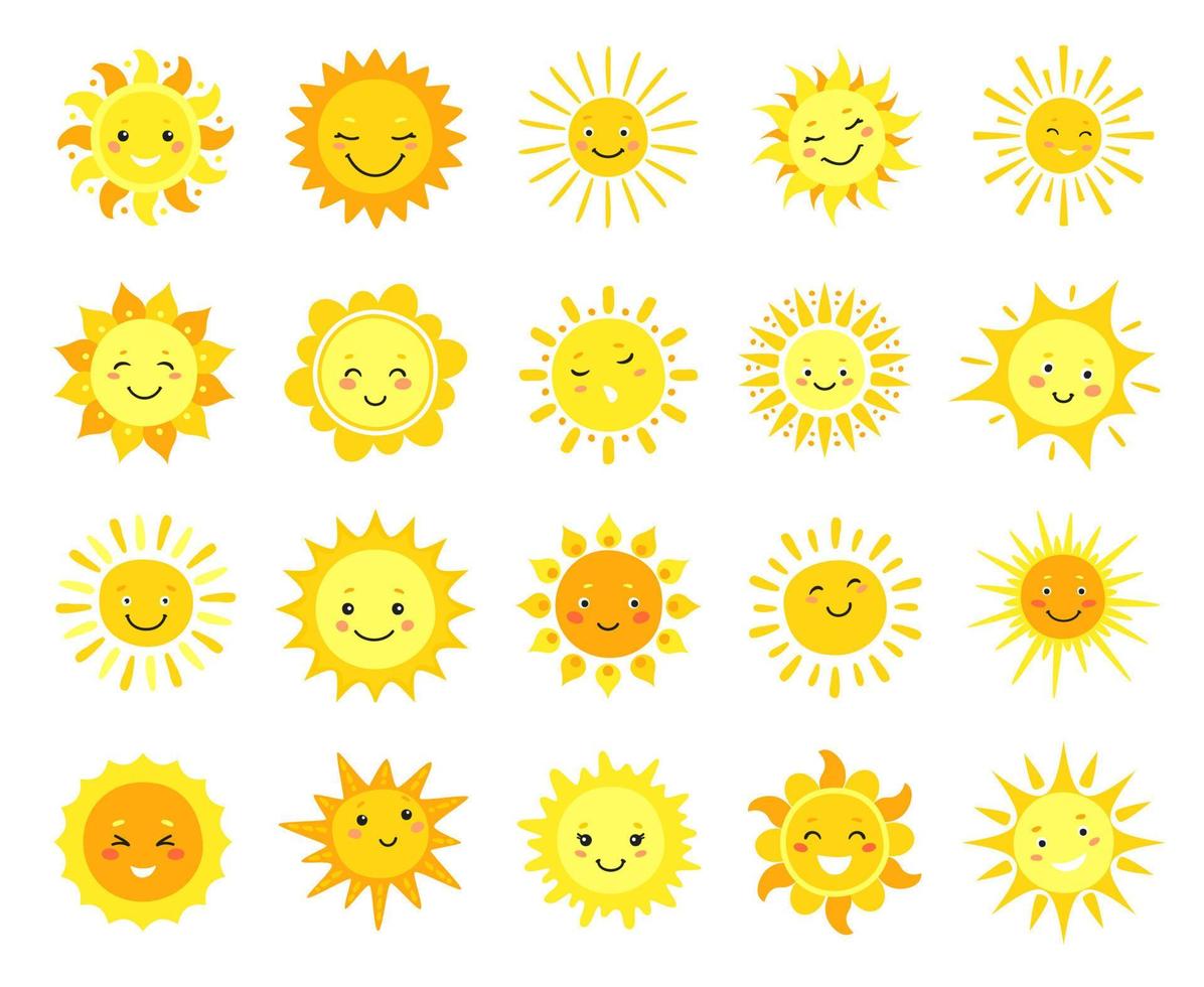 carino sole. cartone animato soleggiato emoji, contento giallo sole personaggi con Sorridi, luce del sole emoticon, divertente kawaii vettore impostato