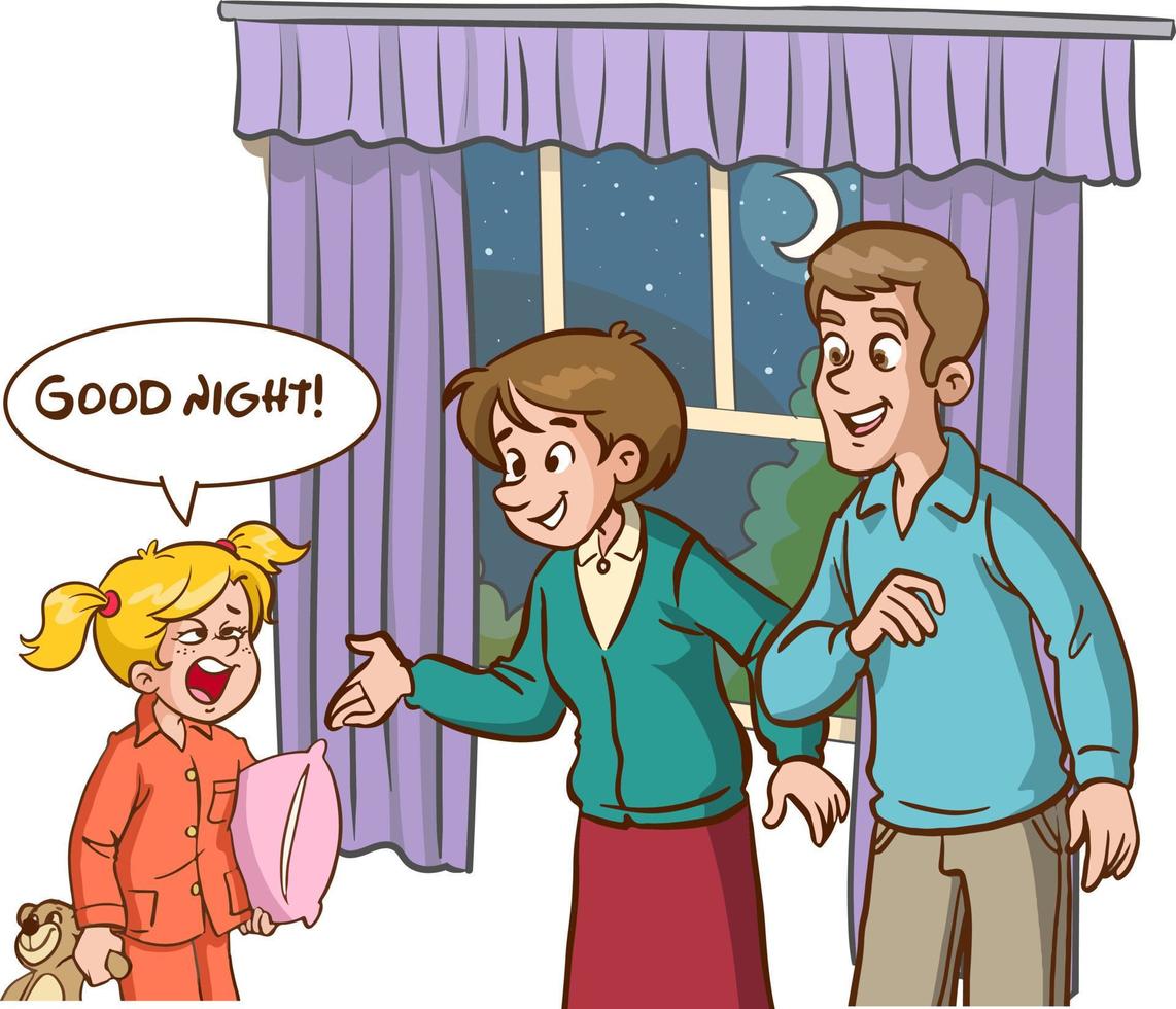 assonnato sbadigli bambini e genitori bene notte cartone animato vettore