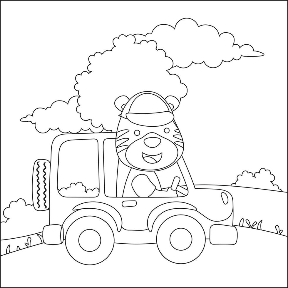 carino poco animale guida un' auto partire per foresta divertente animale cartone animato. infantile design per bambini attività colorazione libro o pagina. vettore