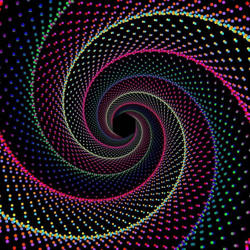 rosso, rosa, blu, verde, giallo, e viola tratteggiata spirale vortice esagono sfondo. 3d ordito effetto colorato turbine modello punto onda vettore manifesto.