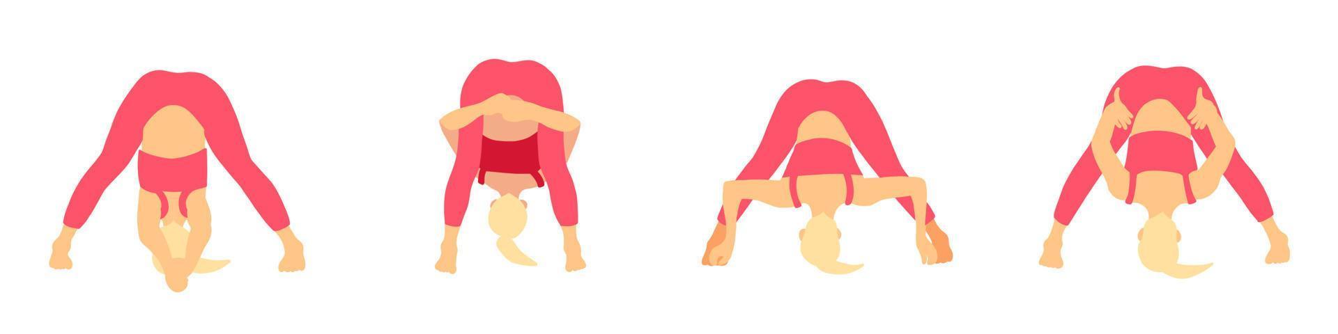 yoga pose collezione. bionda ragazza nel un' rosa tuta. femmina donna ragazza. vettore illustrazione nel cartone animato piatto stile isolato su bianca sfondo.