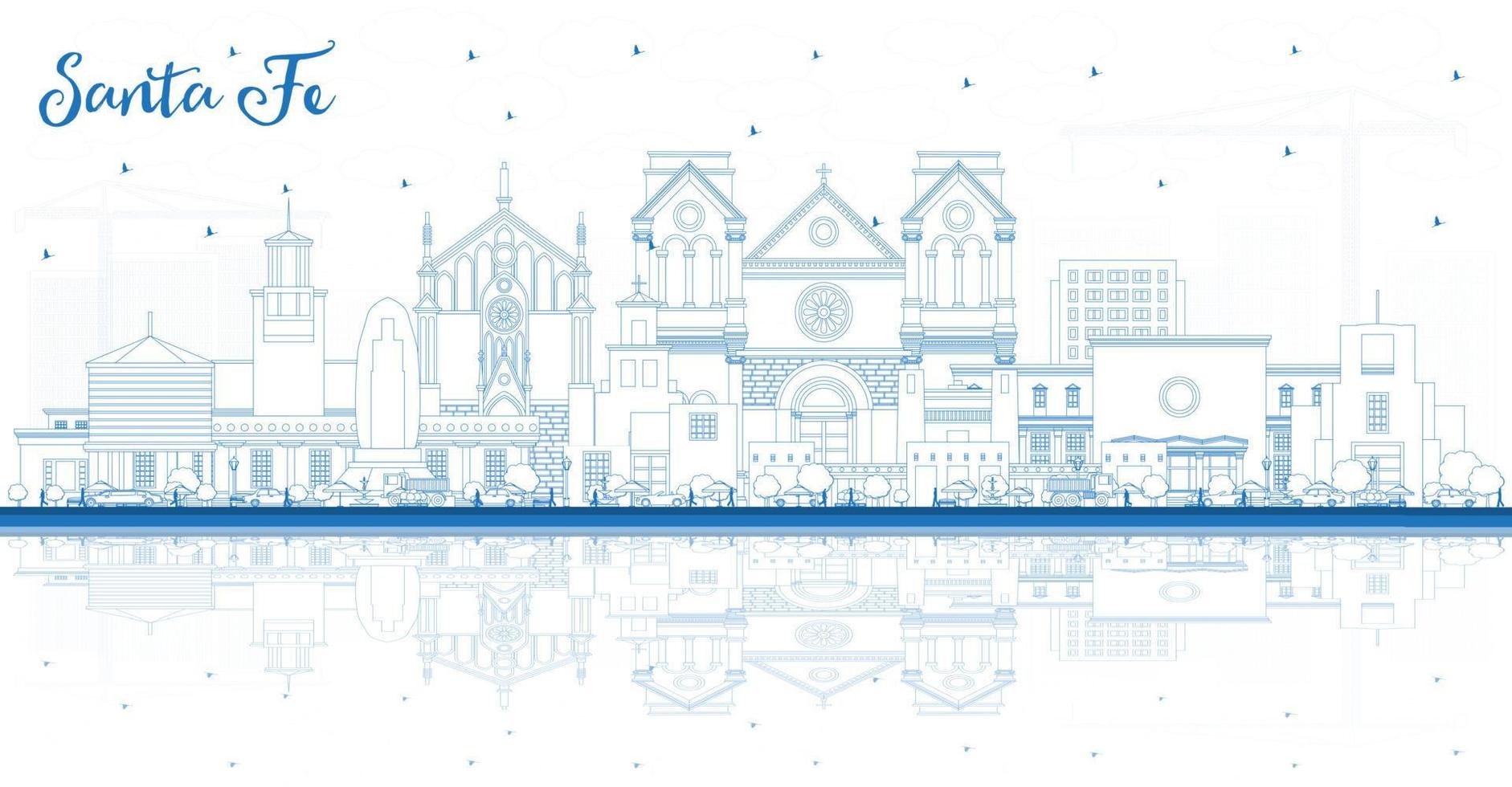 schema Santa fe nuovo Messico città orizzonte con blu edifici e riflessi. vettore illustrazione. Santa fe Stati Uniti d'America paesaggio urbano con punti di riferimento.