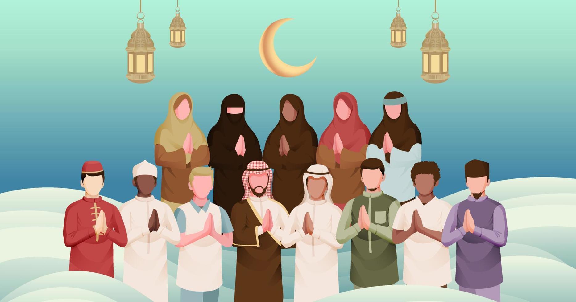 musulmano persone in giro il mondo nel eid mubarak celebrazione illustrazione 2 vettore