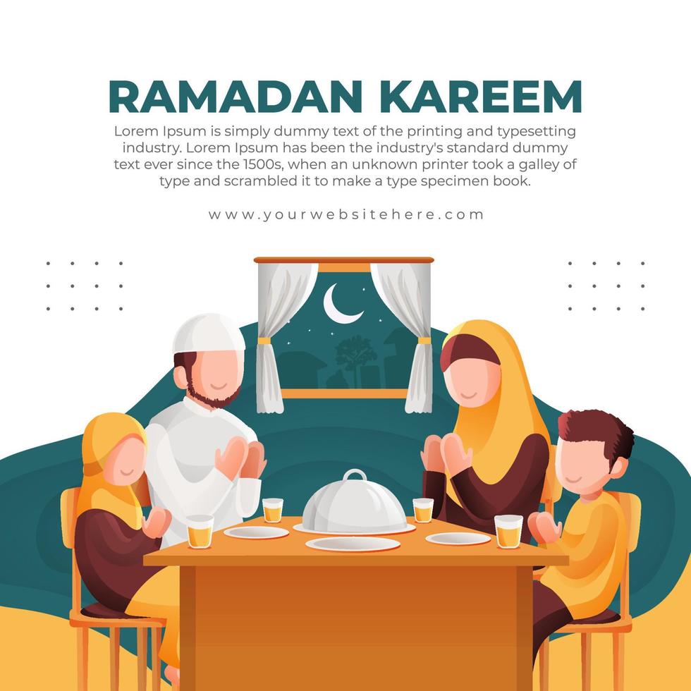 Ramadan saluto piazza sociale media inviare modello con musulmano famiglia suuhoor o iftar illustrazione vettore