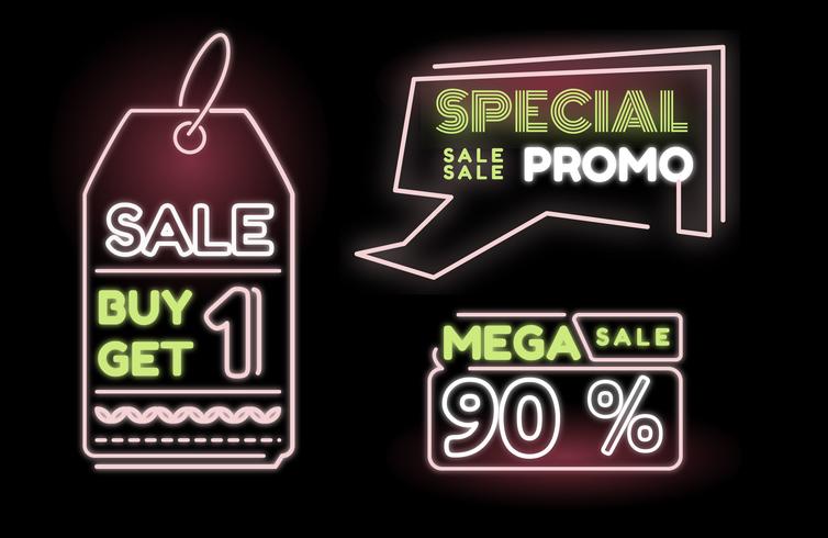 Vettore al neon dell'insegna di sconto di grande vendita di promo