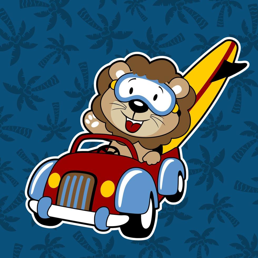 vettore cartone animato di carino Leone guida auto trasporto tavola da surf su palma albero sfondo modello