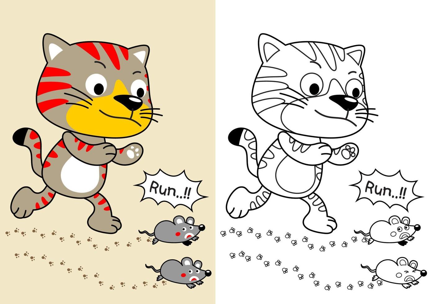divertente gatto a caccia topi, vettore cartone animato illustrazione, colorazione pagina o libro