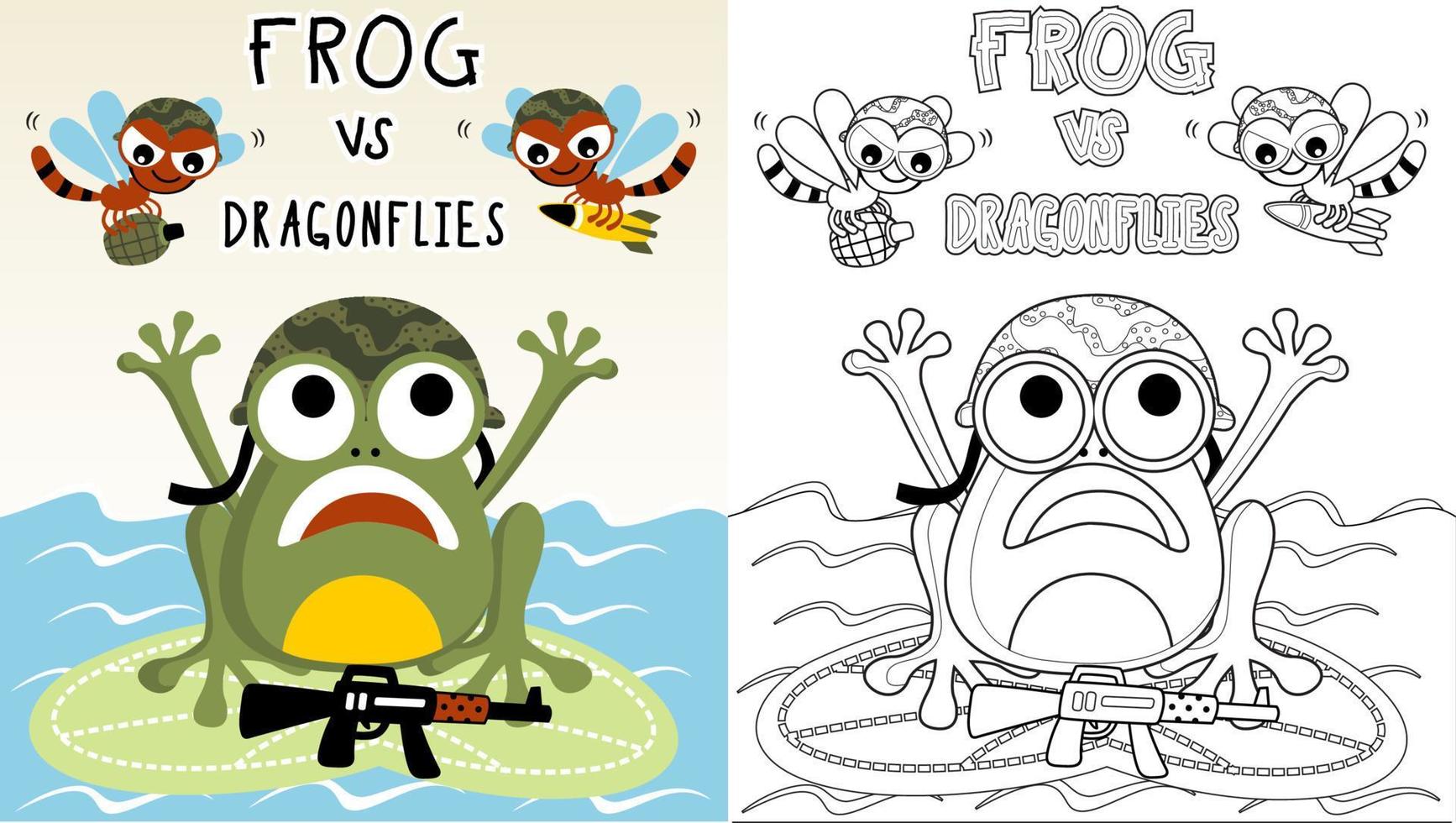 divertente guerra di rana contro libellule, vettore cartone animato illustrazione, colorazione pagina o libro