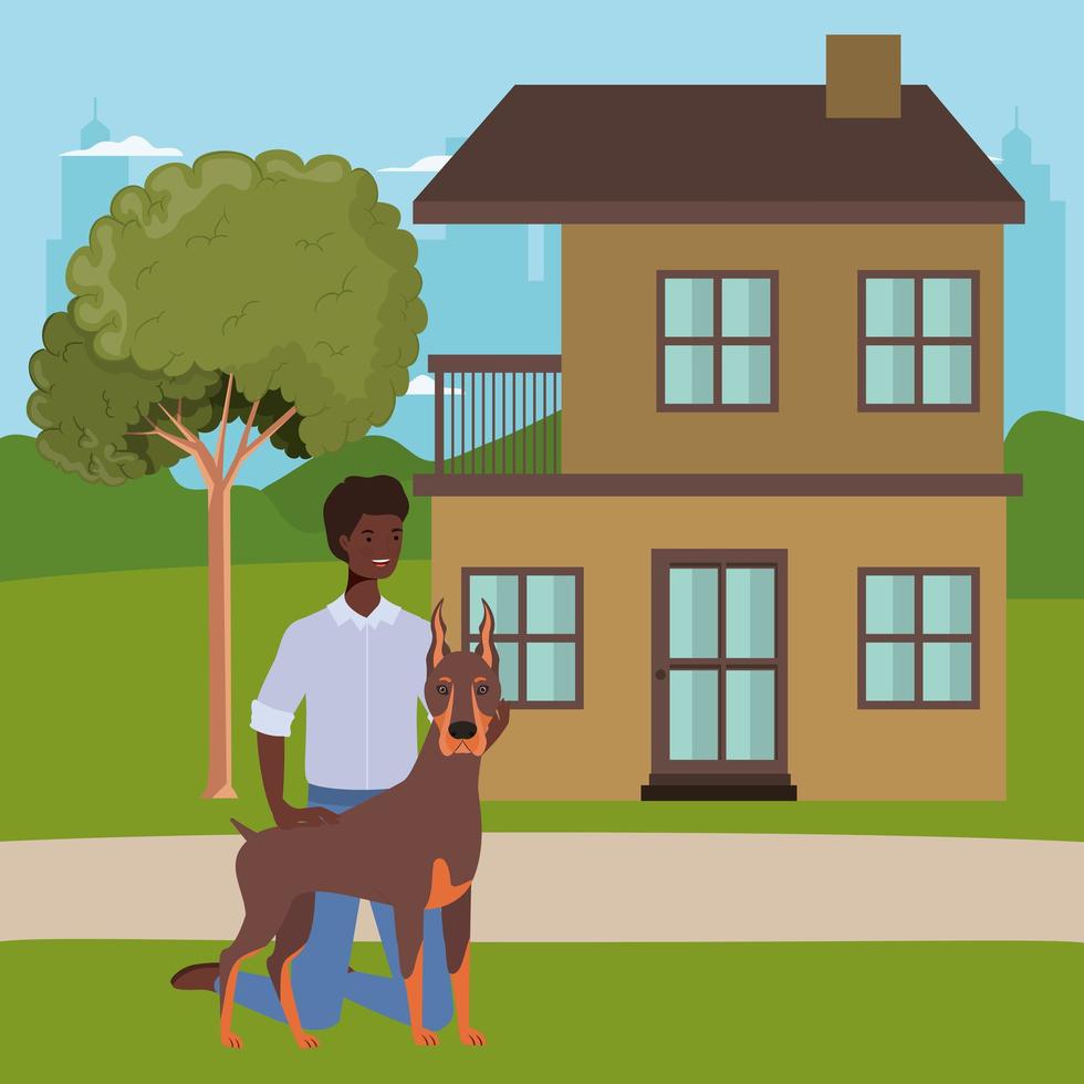 uomo afro con mascotte cane carino nella casa all'aperto vettore
