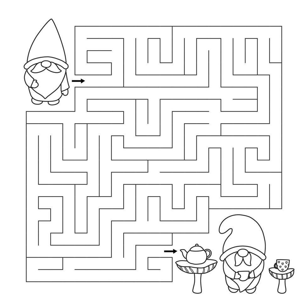labirinto gioco con carino gnomi. Aiuto il gnomo trova giusto modo per il suo amico. tè volta. educativo puzzle per bambini. attività pagina. colorazione pagina con labirinto. vettore illustrazione