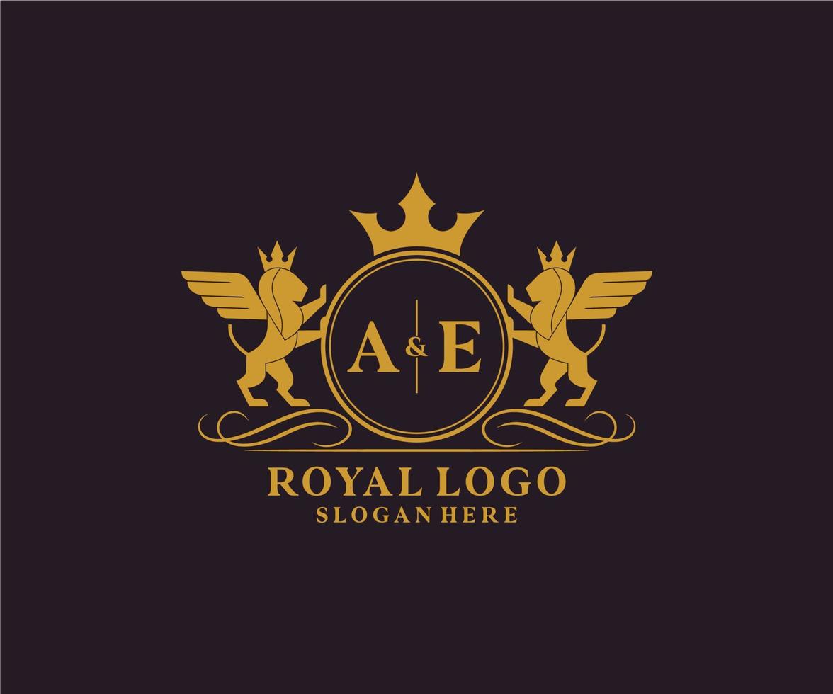 iniziale ae lettera Leone reale lusso stemma araldico logo modello nel vettore arte per ristorante, regalità, boutique, bar, Hotel, araldico, gioielleria, moda e altro vettore illustrazione.