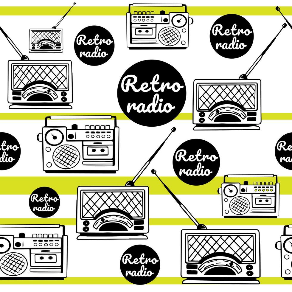 modello retrò Radio nel schizzo stile, scarabocchio con giallo strisce. Vintage ▾ antico retrò Radio. vecchio ricevitore con un antenna catture Radio onde. adatto per volantini, adesivi, pubblicità prodotti. vettore