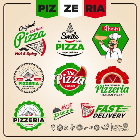 Set di modello di progettazione logo pizzeria vettore