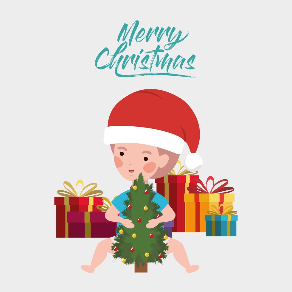 ragazzino con albero di pino e regali celebrazione di Natale vettore
