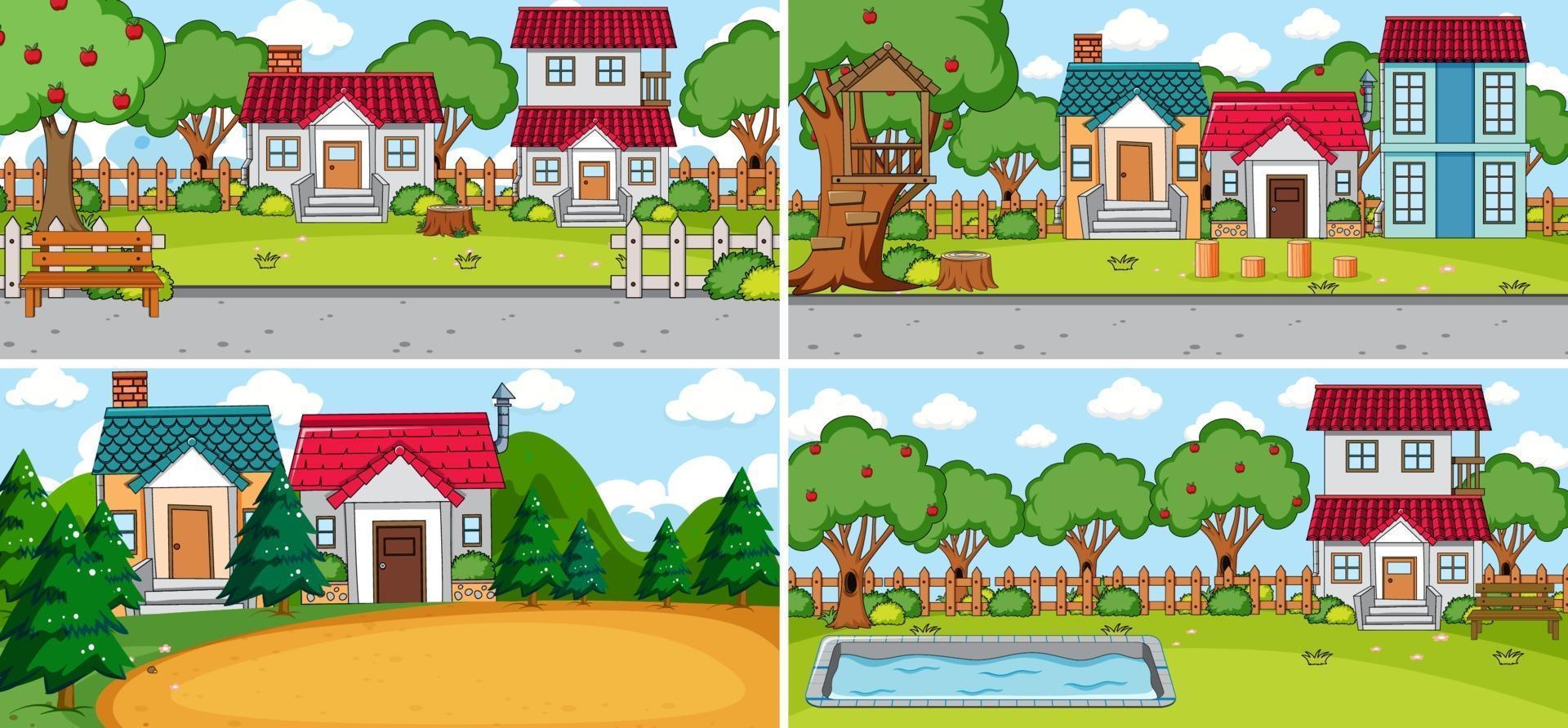 set di diverse case in stile cartone animato scene della natura vettore