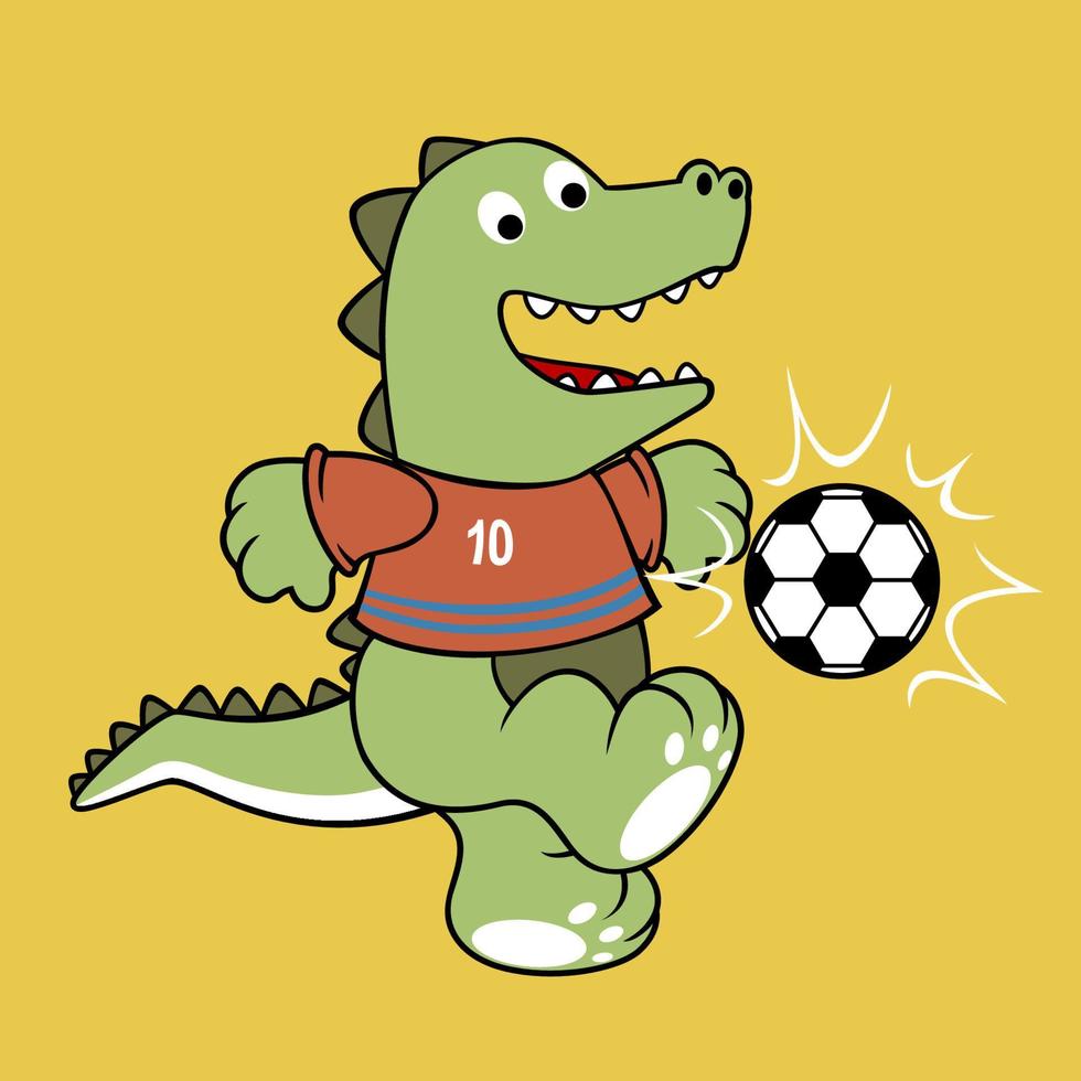 carino dinosauro giocando calcio, vettore cartone animato illustrazione