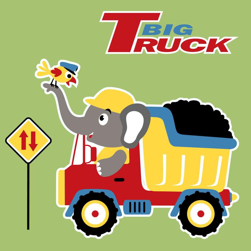 vettore cartone animato di carino elefante guida cumulo di rifiuti camion con un' uccello su esso tronco