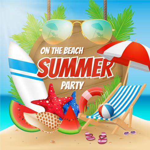 Festa d'estate sul design di poster spiaggia con decorazione vettore