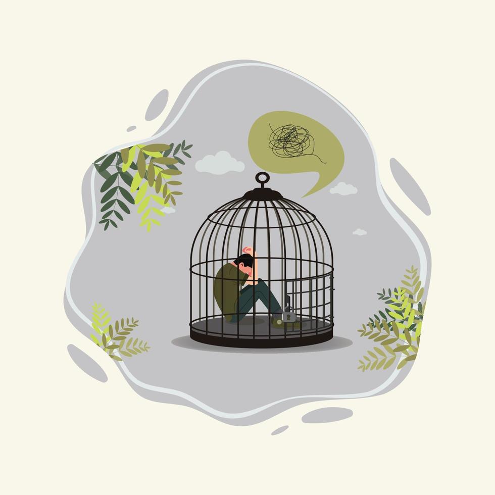 triste uomo serratura nel gabbia per uccelli, bisogno psicologico Aiuto illustrazione o sociale solitudine concetto vettore