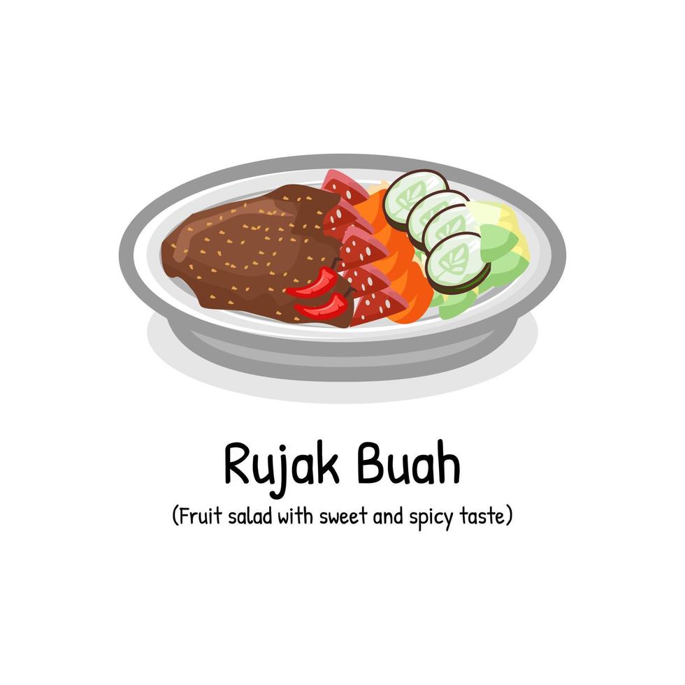 rujak buah o frutta insalata e servire esso con il iconico speziato palma zucchero salsa indonesiano tradizionale merenda pasto vettore