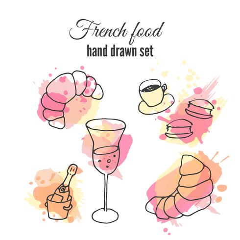 Illustrazioni di cibo francese. Disegni di pasticceria e caffè di vettore. Illustrazione di champange francese. vettore