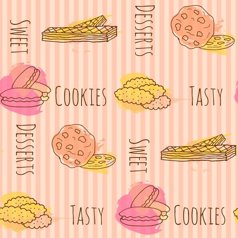 Illustrazione di cookie vettoriale I biscotti disegnati a mano senza cuciture del modello con variopinto spruzza. Amaretti dolci e wafer.