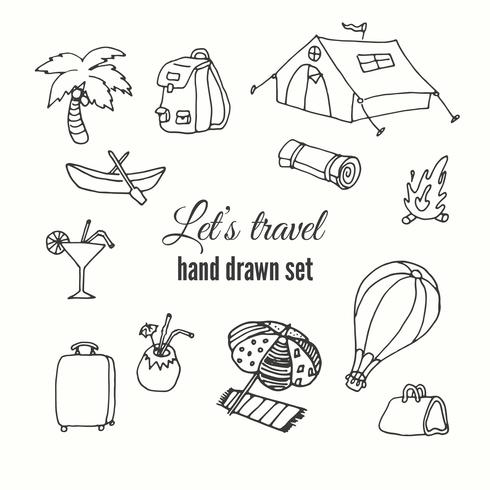 Set di elementi di viaggio. Disegno vettoriale di elementi del viaggiatore. Illustation disegnato a mano di viaggio.