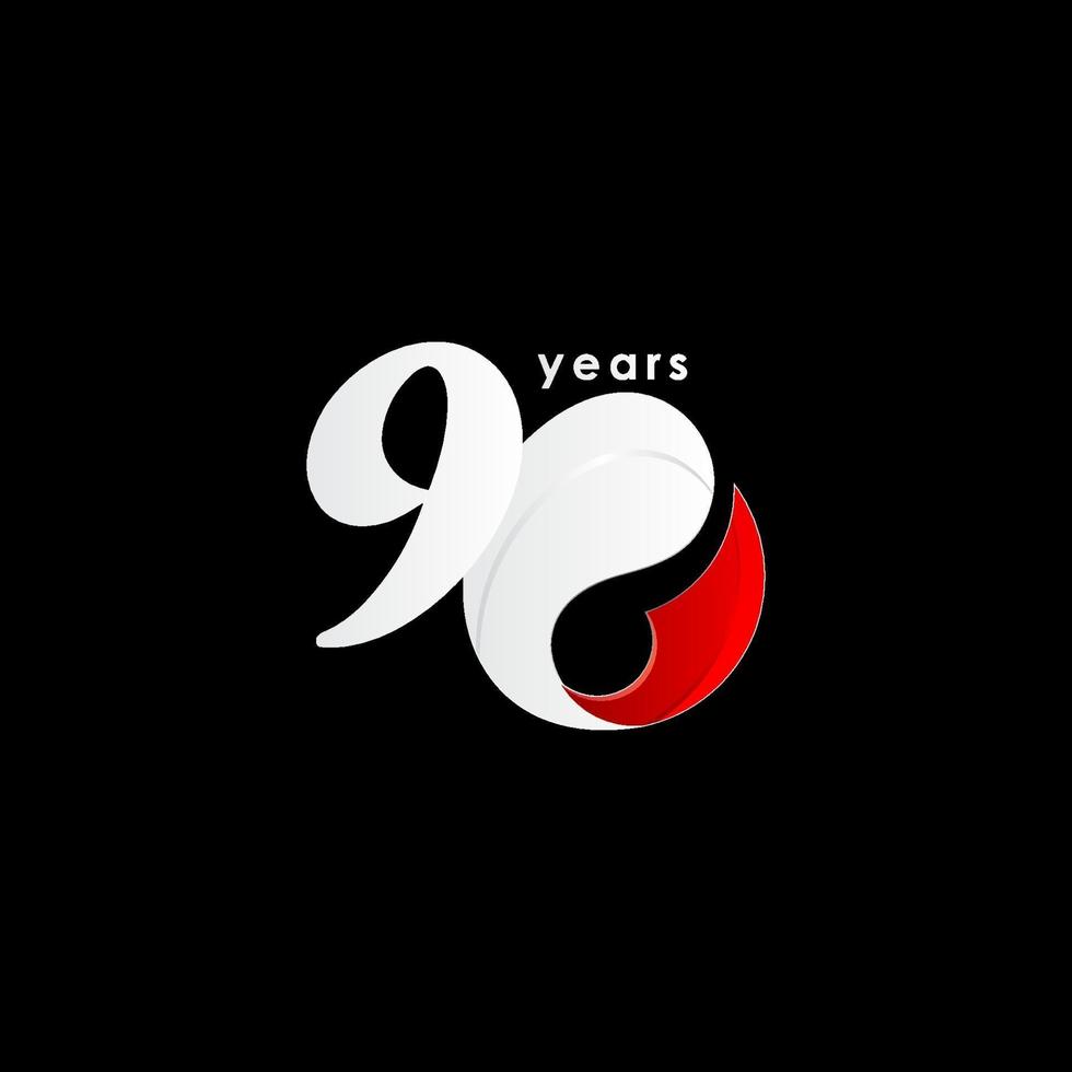 Illustrazione rossa e bianca di progettazione del modello di vettore di numero di celebrazione di anniversario di 90 anni