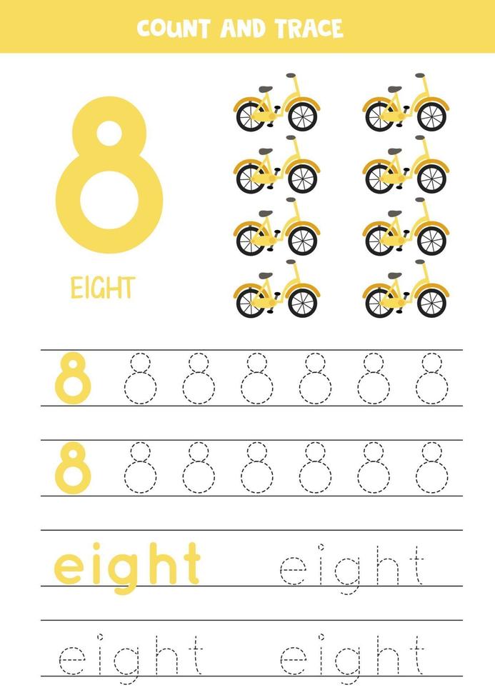 tracciare il foglio di lavoro dei numeri con le biciclette dei cartoni animati vettore