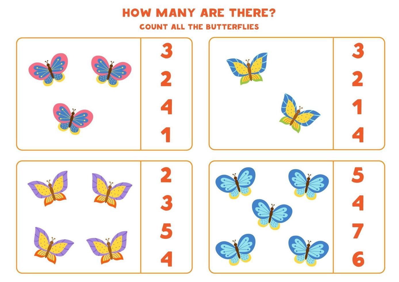 conteggio del gioco con le farfalle. foglio di lavoro di matematica. vettore