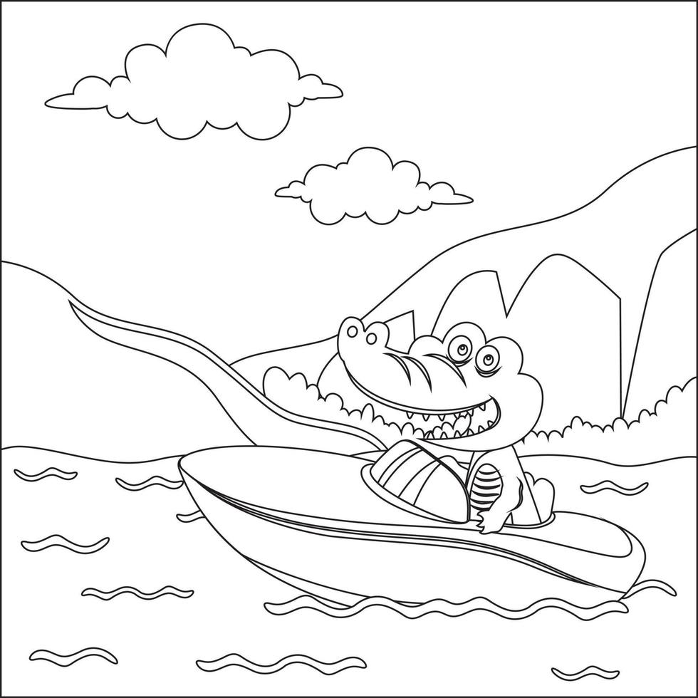 divertente animale cartone animato vettore su poco barca con cartone animato stile, divertente vettore illustrazione, vettore illustrazione per adulto e bambini colorazione libro.