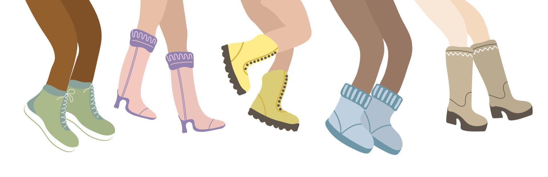 impostato di persone gambe nel inverno stivali. donne gambe diverso pelle colore nel caldo scarpe vettore