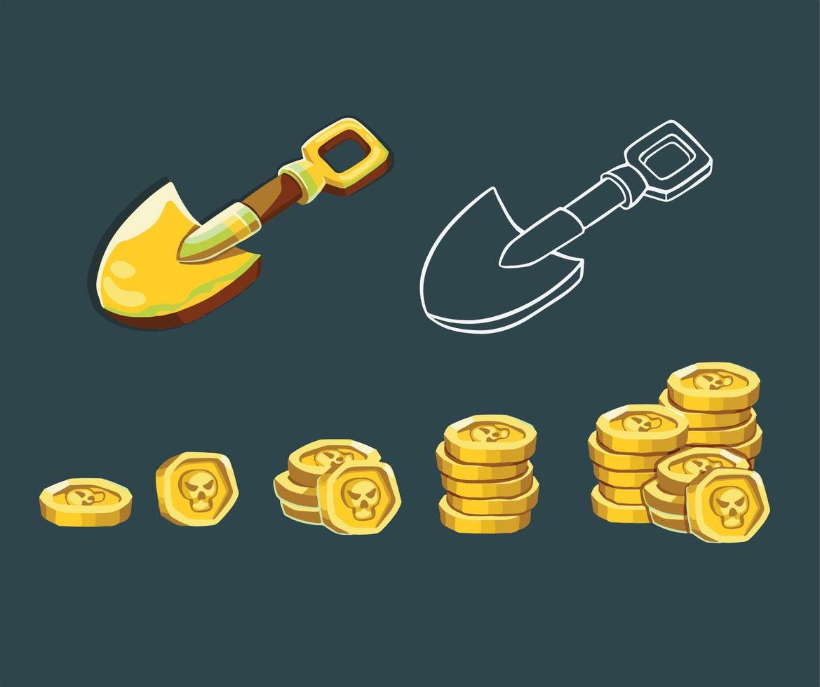 oro monete, pezzo e quantità, kit di strumenti - pala. vettore illustrazione