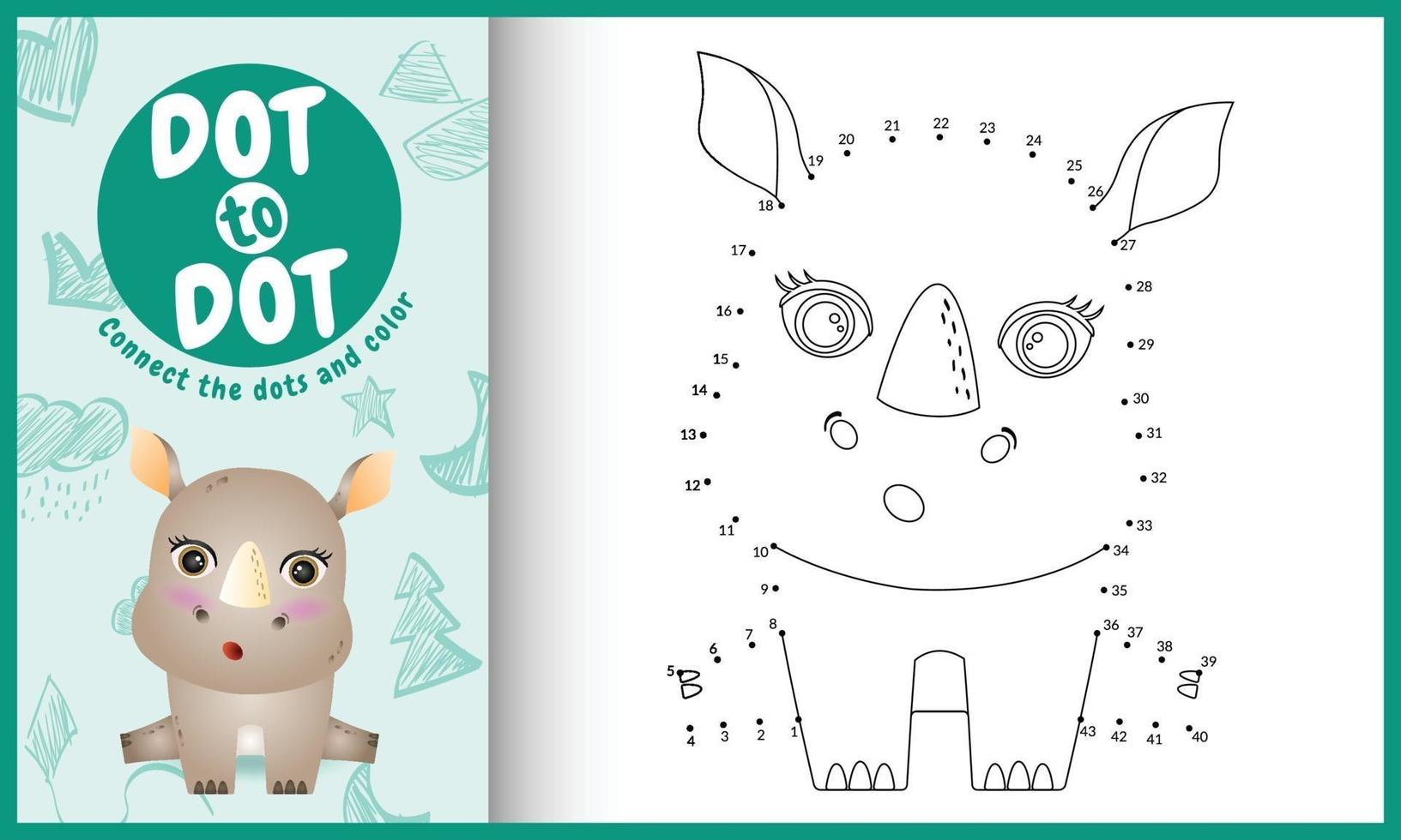 collega il gioco di puntini per bambini e la pagina da colorare con un simpatico personaggio di rinoceronte vettore
