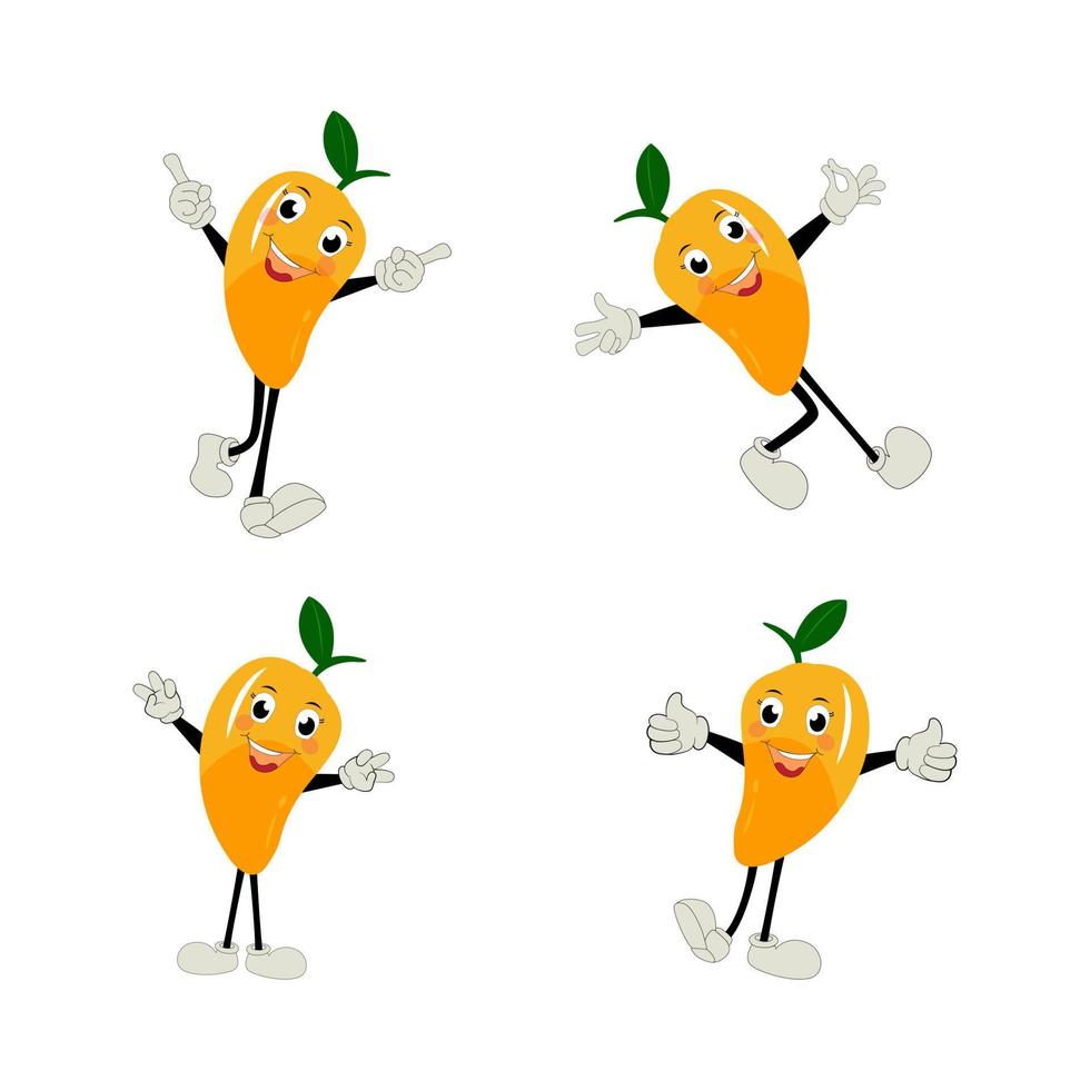 Mango personaggio design. kawaii Mango personaggi vettore illustrazione di carino cartone animato, uso loro come adesivi, modelli, maglietta disegni, frutta logo, tutti stampato media, cartoni animati, eccetera