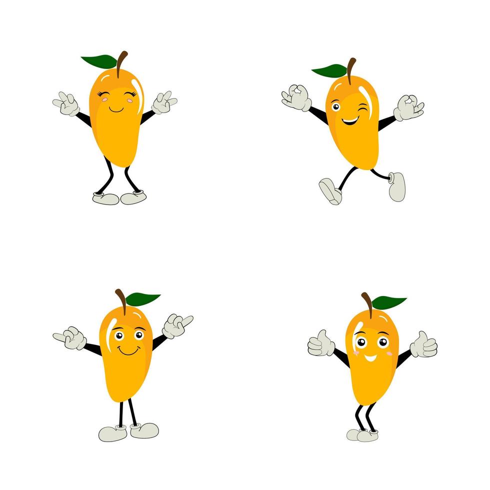 Mango personaggio design. kawaii Mango personaggi vettore illustrazione di carino cartone animato, uso loro come adesivi, modelli, maglietta disegni, frutta logo, tutti stampato media, cartoni animati, eccetera