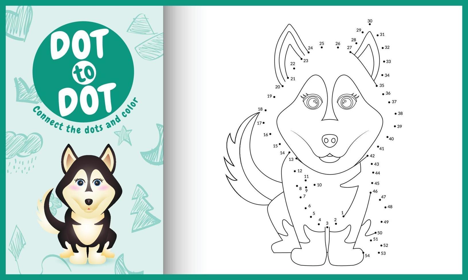 collega il gioco di puntini per bambini e la pagina da colorare con un'illustrazione di un simpatico cane husky vettore