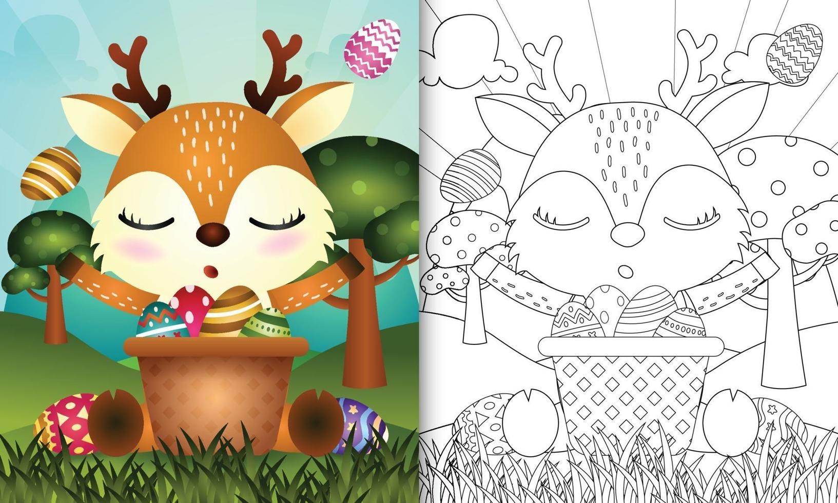 libro da colorare per bambini a tema felice giorno di pasqua con personaggio illustrazione di un simpatico cervo nel secchio dell'uovo vettore